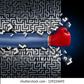 Breaking Out Leadership And Business Vision With Strategy In Corporate Challenges And Obstacles In A Maze With A Business Man Arm With A Red Boxing Glove Clearing A Path In A Labyrinth For Answers.