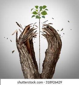 Breaking through concept as a green sapling growing upward and destroying a tree barrier as a business success metaphor for potential ambition and strong will to succeed.