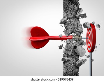 Breaking Through for success without limits and overcoming obstacles as a concrete wall to achieve a goal as a metaphor for a cure or business goals and target with 3D illustration elements.