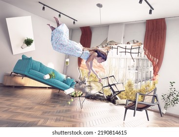 The Breaking The Wall In The Living Room.  3d And Photo  Mix Concept Illustration