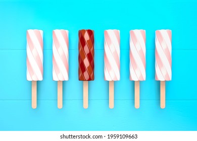 breakout of the system. exception -  one not like other - one chocolate sweet twisted marshmallow or ice cream on wooden stick isolated between other light pink on glamour background - 3d render
