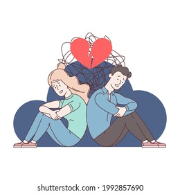 The Breakup Of A Young Couple. Upset Man And Woman Sitting On The Floor Embracing Knees With Hands. A Broken Heart. Conflict In The Family. Chaos In The Mind. Flat Abstract Illustration. 