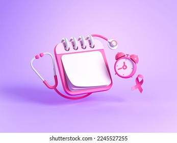 Breast cancer awareness concept. Icon of pink ribbon, calendar, clock and stethoscope on bicolor pastel purple background. 3d render - Powered by Shutterstock