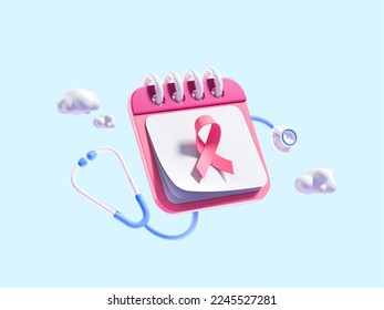 Breast cancer awareness concept. Top view Icon of pink ribbon calendar and stethoscope on bicolor pastel blue and white background. 3d render - Powered by Shutterstock