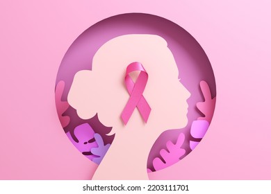 Breast Cancer Awareness Month banner background with a pink ribbon on a woman silhouette. Flyer, banner design template in 3D illustration - Powered by Shutterstock