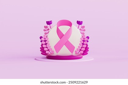 Breast Cancer Awareness Month banner flyer background template with a pink ribbon on a podium and flowers on a soft pink background in 3D illustration - Powered by Shutterstock