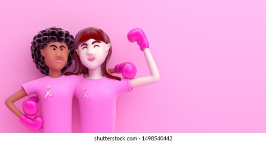 Breast cancer awareness month with cartoon Afro and Asian cartoon cute girl with boxing glove on pink background, copy space text. 3D rendering illustration. - Powered by Shutterstock