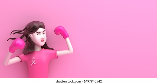 Breast cancer awareness month concept with cartoon cute girl with boxing glove on pink background, copy space text. 3D rendering illustration. - Powered by Shutterstock