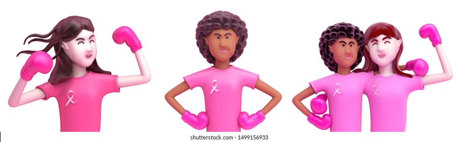 Breast cancer awareness month or  diversity, set collection various Afro and Asian cartoon cute girl with boxing glove isolated on white background. 3D illustration. - Powered by Shutterstock