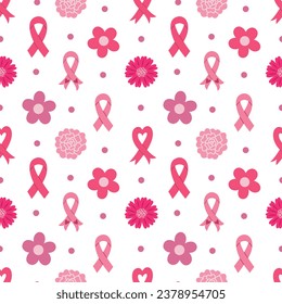 Breast Cancer Awareness Month Pink Ribbons and Flowers Seamless Pattern Design - Powered by Shutterstock