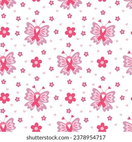 Breast Cancer Awareness Month Pink Ribbon Butterflies Seamless Pattern Design - Powered by Shutterstock