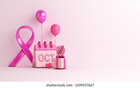 Breast cancer awareness month with ribbon, October calendar, gift box, balloon decoration background, copy space text, 3d rendering illustration - Powered by Shutterstock