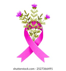 Breast Cancer Awareness with pink ribbon and blossom flower bouquet.  Mammography. Hand drawn greeting card. Woman health care - Powered by Shutterstock