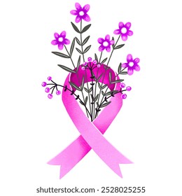 Breast Cancer Awareness. Pink ribbon blossom flower bouquet.  Mammography. Hand drawn greeting card.  Breast Cancer  - Powered by Shutterstock