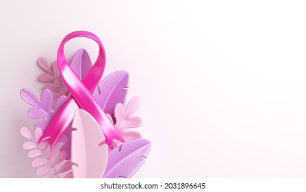 Breast cancer awareness ribbon with leaves decoration background, copy space text, 3d rendering illustration - Powered by Shutterstock