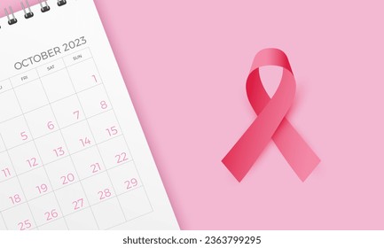 Breast Cancer Concept : Top view of Pink ribbon and October month Calendar - symbol of Breast Cancer Awareness Campaign on pink background. - Powered by Shutterstock