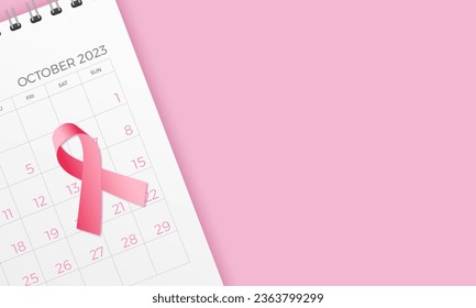 Breast Cancer Concept : Top view of Pink ribbon and October month Calendar - symbol of Breast Cancer Awareness Campaign on pink background. - Powered by Shutterstock