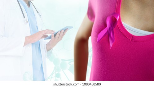 Breast cancer doctor and woman with pink awareness ribbon - Powered by Shutterstock