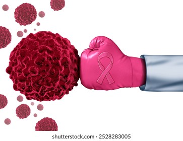 Breast Cancer Fight as a medical concept with an arm of a doctor wearing a pink boxing glove with an awareness ribbon fighting a group of malignant cells with 3D illustration elements. - Powered by Shutterstock