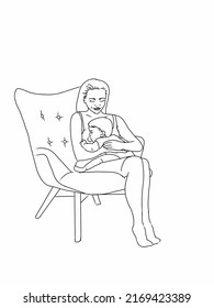 breastfeeding line art. One line drawing of a young beautiful woman sitting comfortably in a chair and breastfeeding her little baby. the concept of love, care, support, protection.