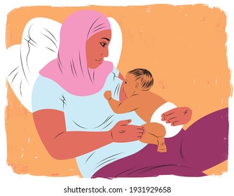 Breastfeeding mother wearing head covering 