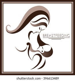 Breastfeeding symbol. Woman feeding baby. Mother and child together. Mother's milk for newborn baby. Suitable for invitation, flyer, sticker, poster, banner, card, label, cover, emblem, web. 