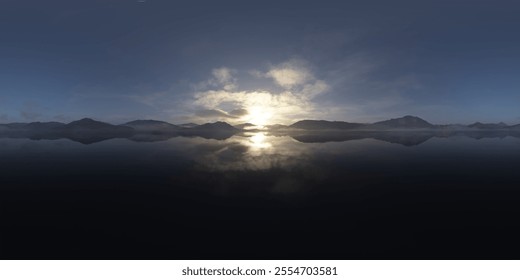 A breathtaking 360 panorama capturing a serene mountain lake reflecting a stunning sunset, enhanced through 3D rendering. Experience tranquility and beauty in one captivating virtual scene. - Powered by Shutterstock