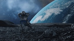 Animation 3D à Couper Le Souffle D'un Astronaute Se Reposant Sur Une Chaise à La Surface De La Lunaire, Regardant La Terre Dans Un Ciel étoilé.