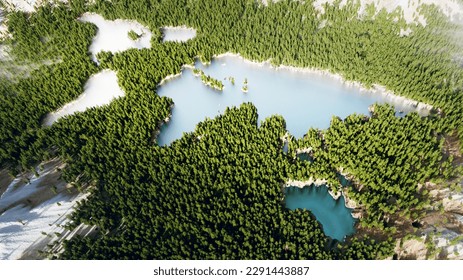 A breathtaking aerial view of a lush forest with a continent-shaped turquoise lake, a poignant reminder to protect our planet and promote sustainable development. 3D render - Powered by Shutterstock