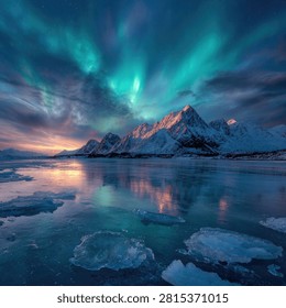A breathtaking view of the aurora borealis dancing over snow-capped mountains and a frozen lake with ice chunks at night.