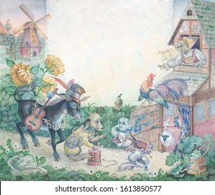 The Bremen Town Musicians. Image Of The Characters Of The Fairy Tale Of The Brothers Grimm. Watercolor Drawing