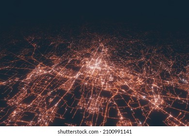 Brescia Aerial View At Night. Top View On Modern City With Street Lights. Satellite View With Glow Effect