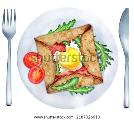 Breton buckwheat crepe with egg and bacon, served with tomatoes and arugulal on a plate. Watercolor hand drawn illustration. Suitable for menu and cookbook, restaurant