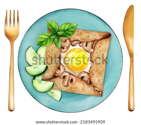 Breton buckwheat crepe with egg and mushrooms served with cucumbers and basil on a plate. Watercolor hand drawn illustration. Suitable for menu and cookbook, restaurant