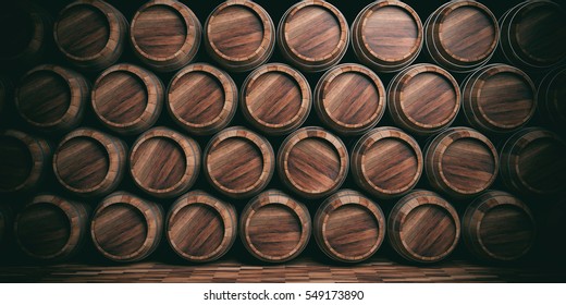 Brewery, winery background. Wine, beer barrels stacked background. 3d illustration