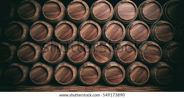 Brewery, winery background. Wine, beer\
barrels stacked background. 3d\
illustration