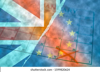 Brexit concept background with torn British Union Jack and European Union flags layered over sheet of monthly calendar with exit deadline date January 31st 2020 marked with red cross