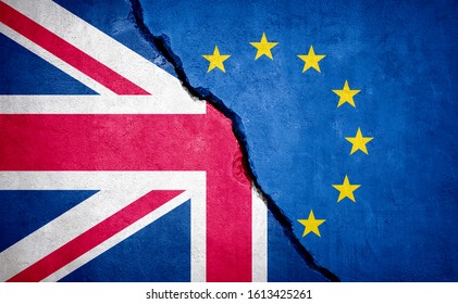 Brexit concept. United Kingdom and EU flag on broken wall. Illustration