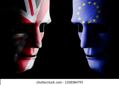 Brexit UK EU Concept With Face Masks For Each Side And Country Flag Texture On Face. Black Background.