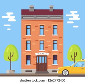 Brick Building With Sign Best Hotel Above Entrance. Raster Illustration Of House With Two Green Trees On Both Sides And Yellow Car Passing By