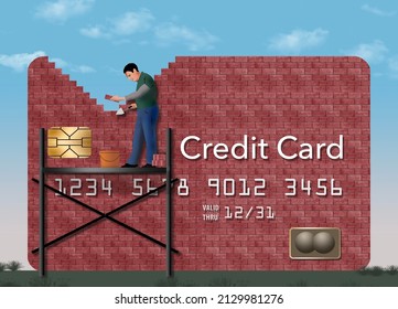 A brick mason is on a scafflolding rebuilding a brick credit card in a 3-d illustration about rebuilding your credit.