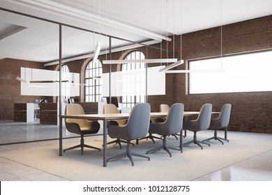 Brick Meeting Room Corner With A Glass Wall And A Long Table With Beige Chairs. 3d Rendering Mock Up