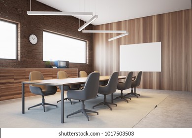 Brick Meeting Room Corner With A Glass Wall And A Long Table With Beige Chairs. Ceiling Lamps. 3d Rendering Mock Up