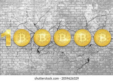 Brick Wall With Bitcoin At 100000 Dollars On White 3D Background. Crypto-currency And Store Of Value. Bitcoin Crypto-currency New Record At 100,000 Dollars Breaking Resistance. Bitcoin All-time-high.