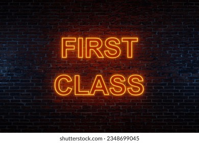 Brick wall at night with the text "First class" in orange neon letters. Premium, vip, lounge, red carpet, business lounge, vip lounge, exceptional.  3D illustration 