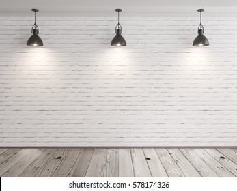 Brick Wall Room With Hanging Lamps And Wood Floor 3D Illustration