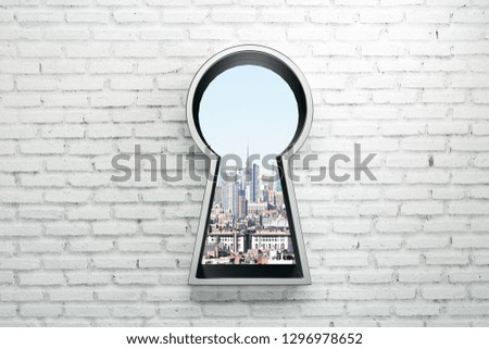 Brick wall with silver keyhole window and city view. Access and success concept. 3D Rendering 