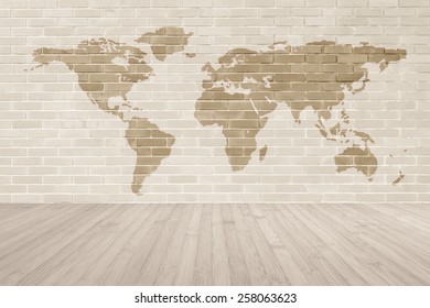 Brick Wall With World Map And Wooden Floor Background
