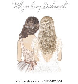 Bride and Bridesmaid with curly hair. Hand drawn Illustration