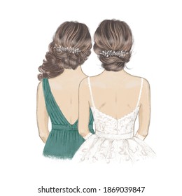 Bride And Bridesmaid With Curly Hair. Sister Of Bride. Hand Drawn Illustration